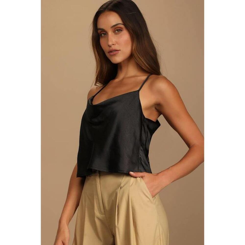 Lulus Hold Onto Love Black Satin Cowl Neck Cami Tank Top - Size XS